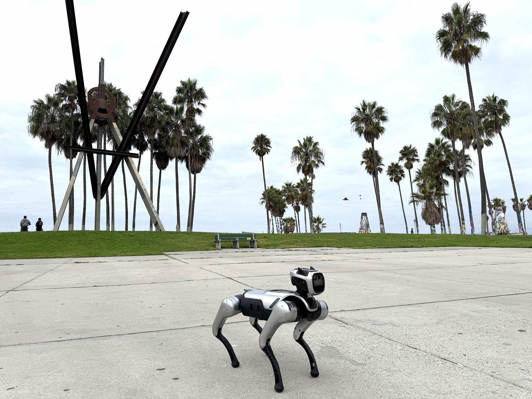 RoboDog robot dog walking on Venice Beach in Los Angeles